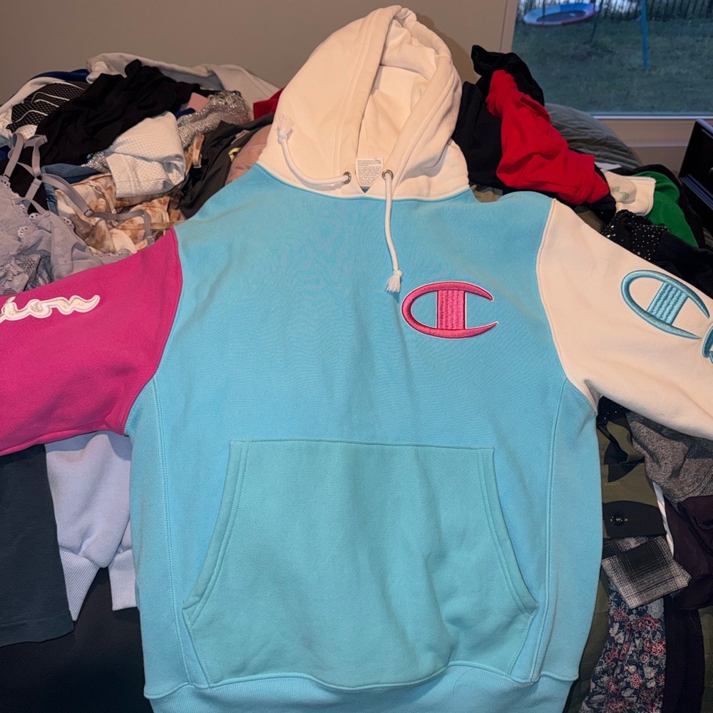 Champion Colorblock Pullover Hoodie in Aqua, Pink & White